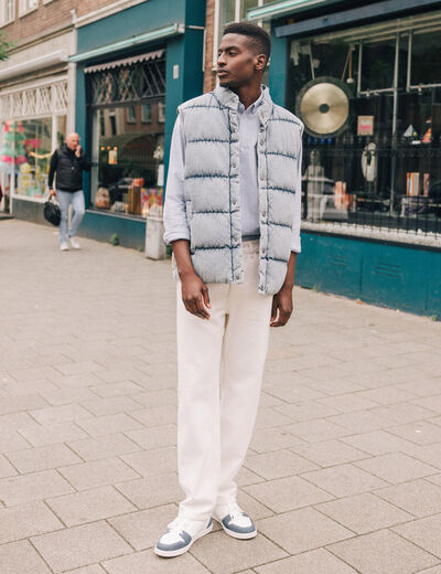 Doudoune sans manches en jean denim bleach homme