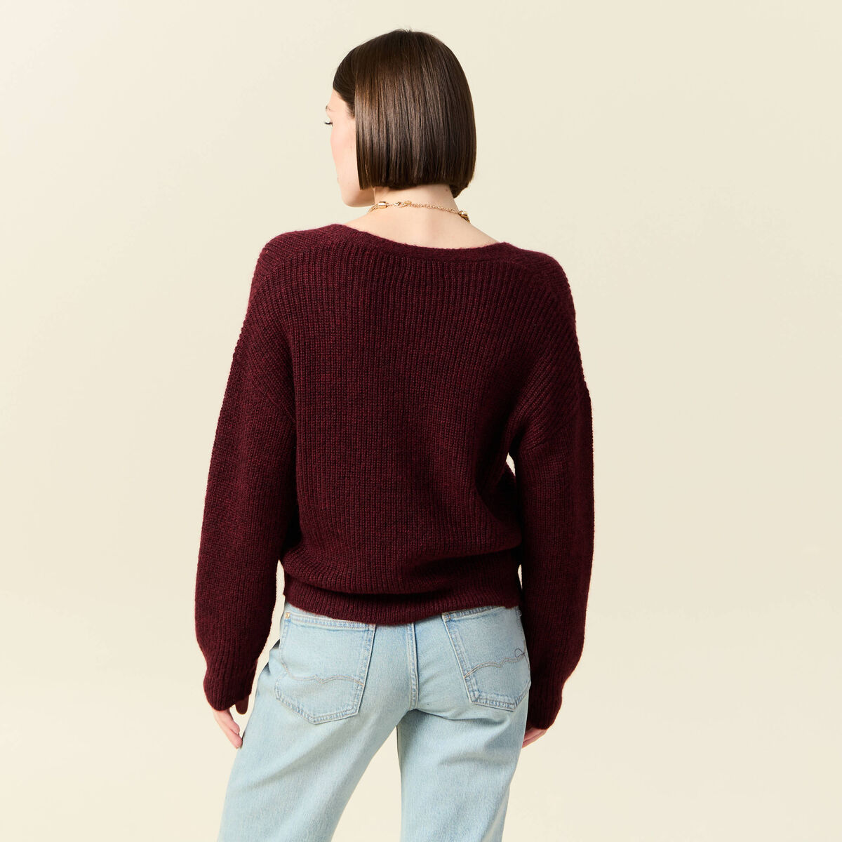 Gilet ajouré col V manches longues bordeaux femme
