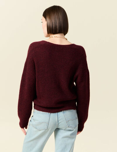 Gilet ajouré col V manches longues bordeaux femme