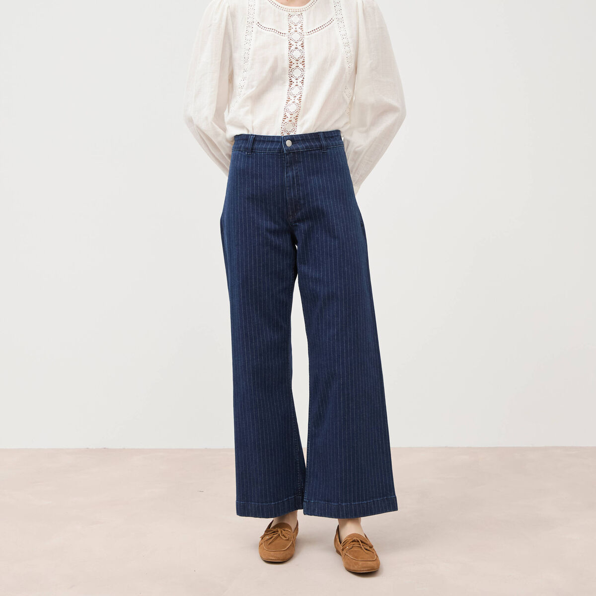 Jeans large cropped taille haute ray&eacute; denim brut femme