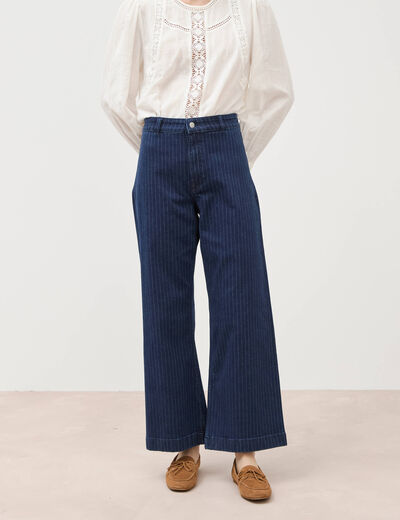 Jeans large cropped taille haute ray&eacute; denim brut femme