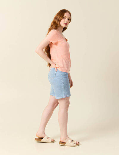 T-shirt col v en lin manches courtes rose saumon femme