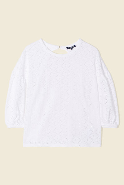 T-shirt manches 3/4 ajouré ecru femme