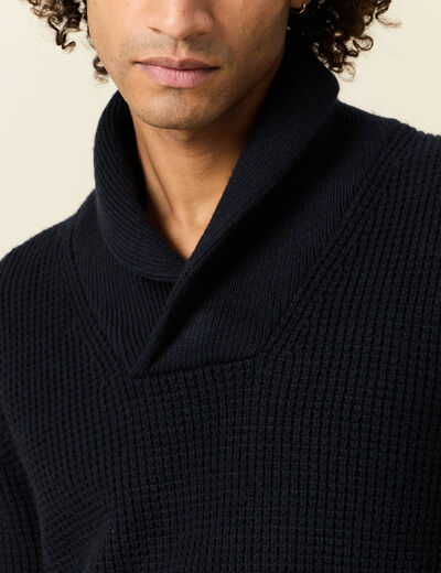 Pull manches longues col châle bleu marine homme