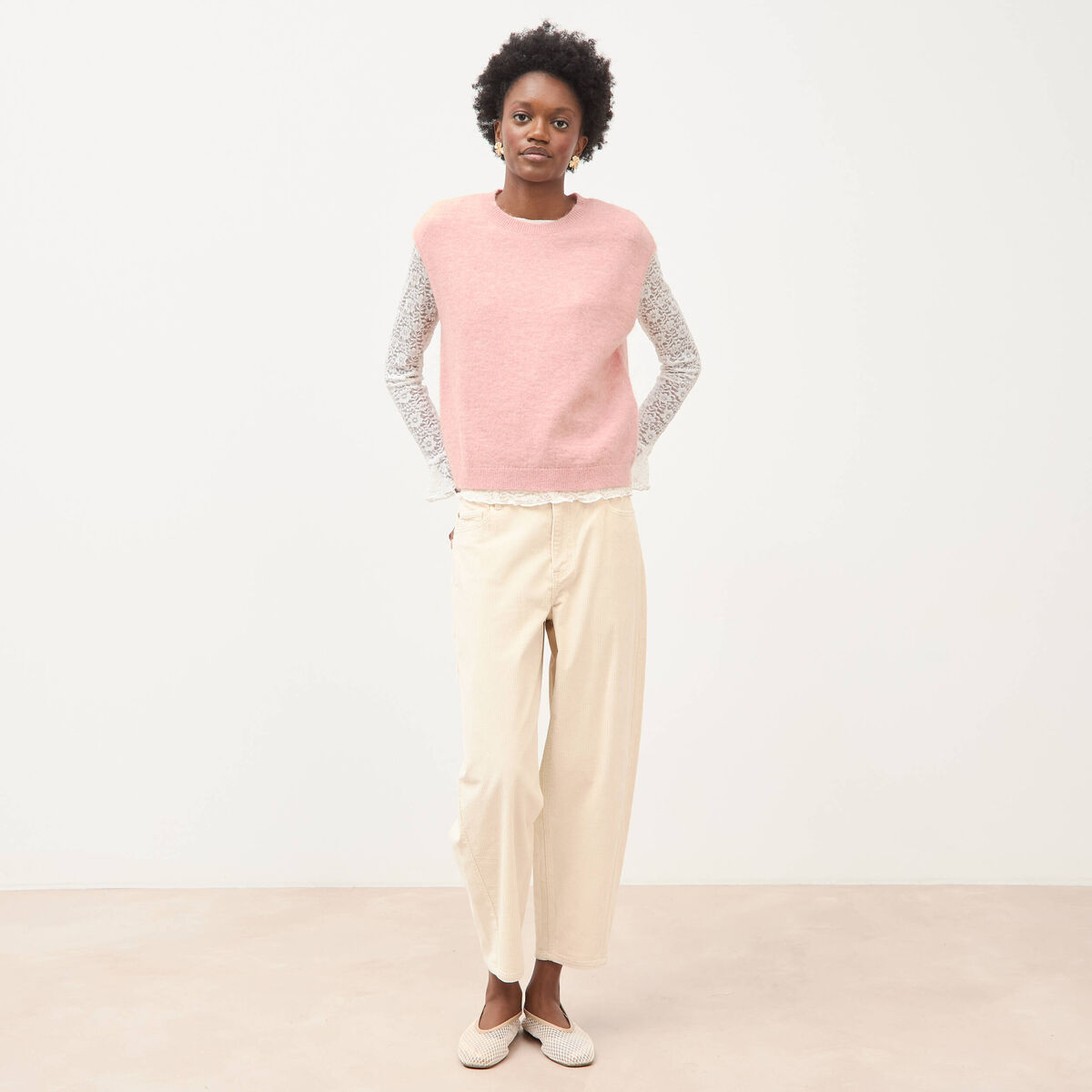 Pantalon taille haute velours resserr&eacute; ivoire femme