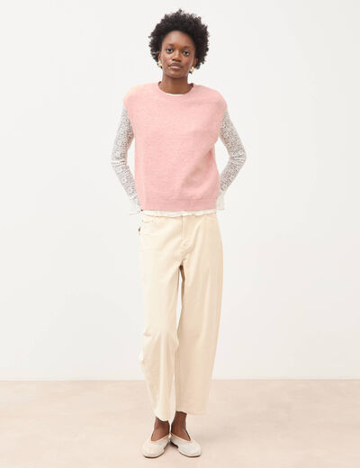 Pantalon taille haute velours resserr&eacute; ivoire femme