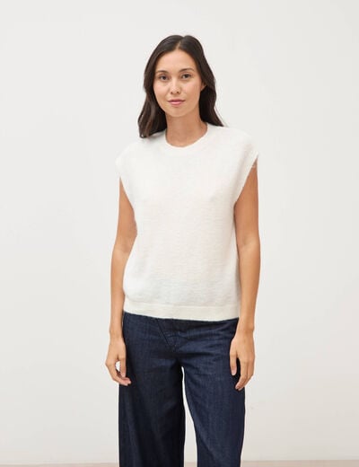 Pull droit court sans manches col rond ecru femme