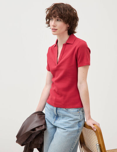 T-shirt polo ajust&eacute; c&ocirc;tel&eacute; en coton bordeaux femme