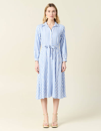 Robe longue évasée ceinturée bleu ciel femme
