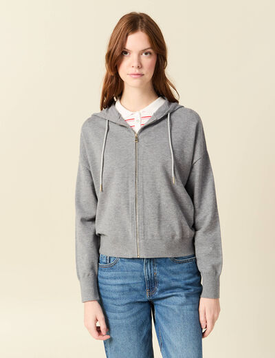 Gilet droit court &agrave; capuche gris clair femme