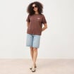 T-shirt droit en coton manches courtes marron cognac femme