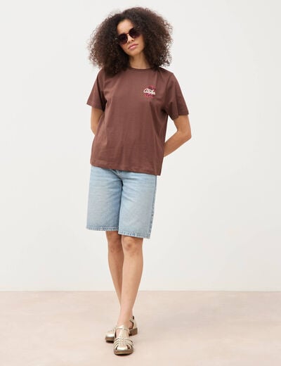 T-shirt droit en coton manches courtes marron cognac femme