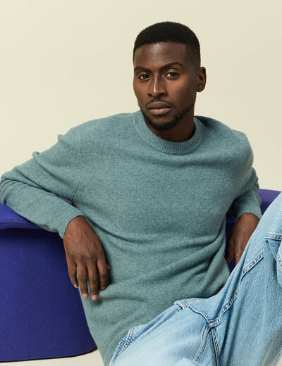 Pull manches longues col rond bleu gris homme