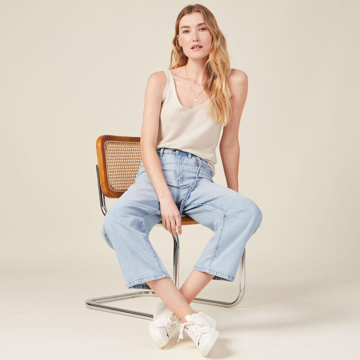 Pull débardeur bretelles ecru femme