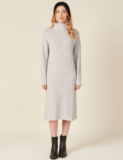 Robe pull longue col roulé gris femme