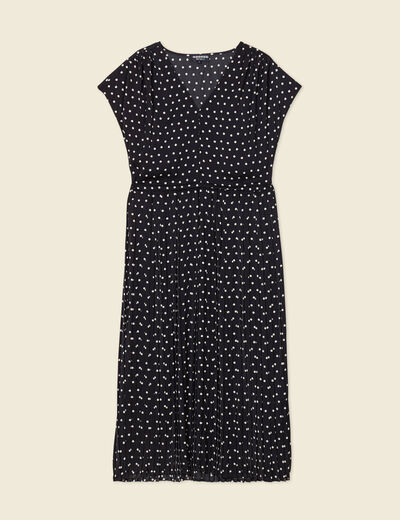 Robe midi évasée plissée satin noir femme
