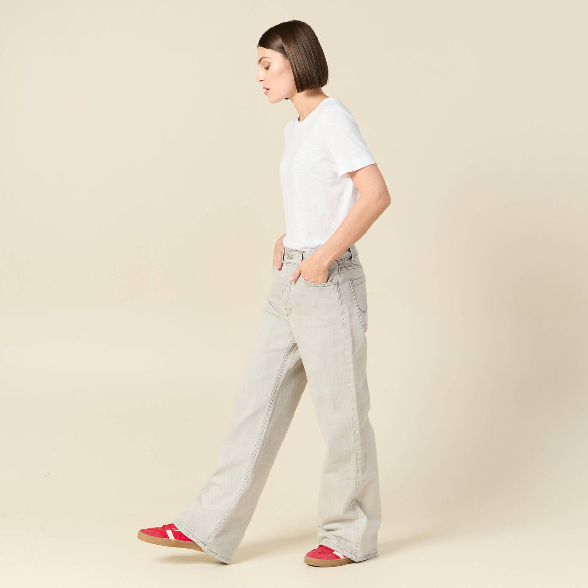 Jeans large taille haute denim gris clair femme