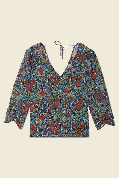 Blouse manches 3/4 dos en V noir femme