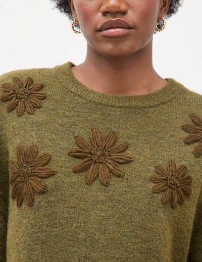 Pull manches longues col rond vert olive femme
