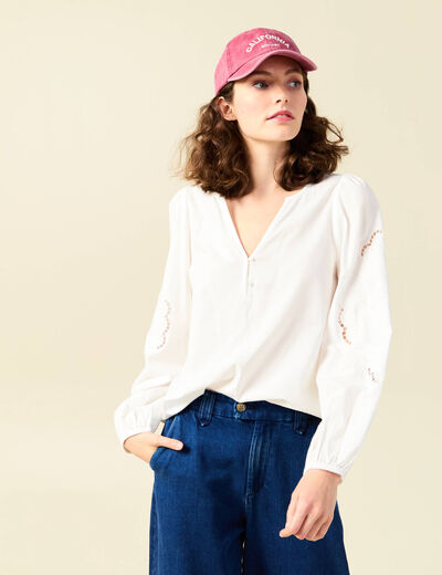 Blouse manches longues brodées ecru femme