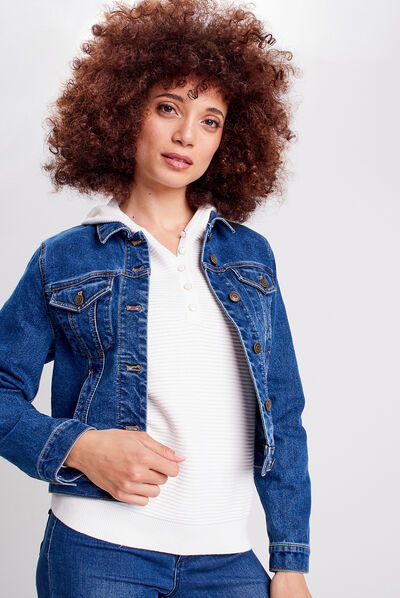 Veste droite boutonnée en jean denim stone femme