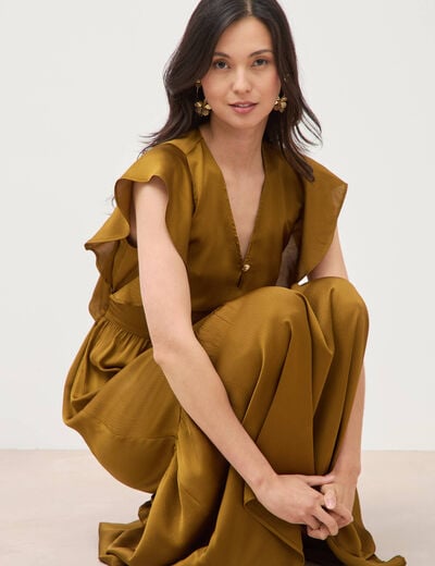 Robe fluide col v manches courtes vert olive femme