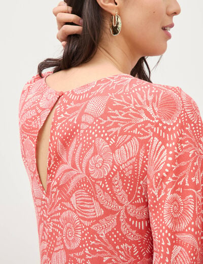 Robe fluide col rond manches coude orange corail femme