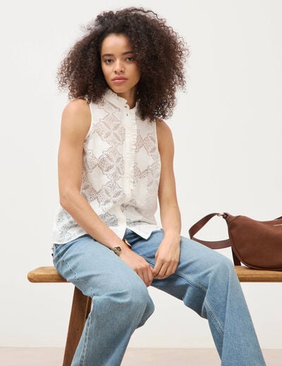 Top sans manches en dentelle col rond ecru femme