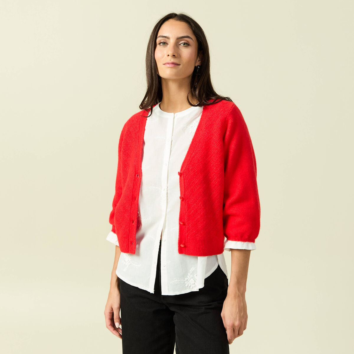 Gilet manches 3/4 rouge fonc&eacute; femme