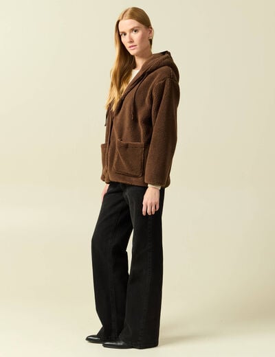 Gilet droit mi-long effet polaire marron fonc&eacute; femme