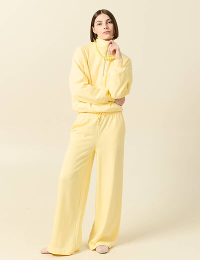 Pantalon large taille haute fluide jaune pastel femme