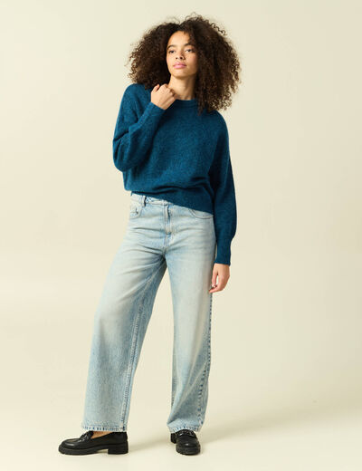 Pull col rond manches longues bleu canard femme