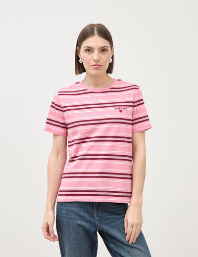 T-shirt ray&eacute; col rond manches courtes vieux rose femme