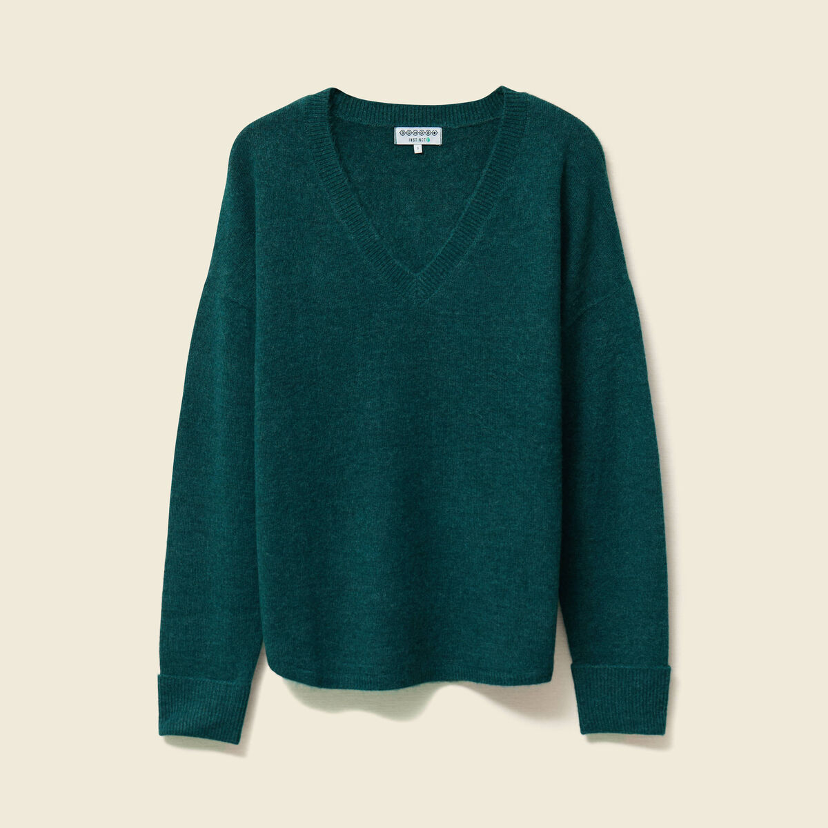 Pull manches longues col en V vert fonc&eacute; femme