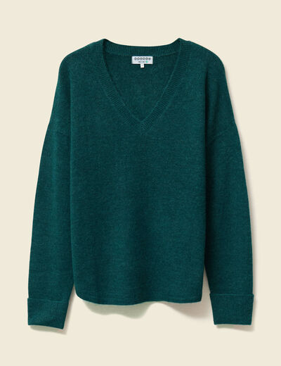Pull manches longues col en V vert fonc&eacute; femme