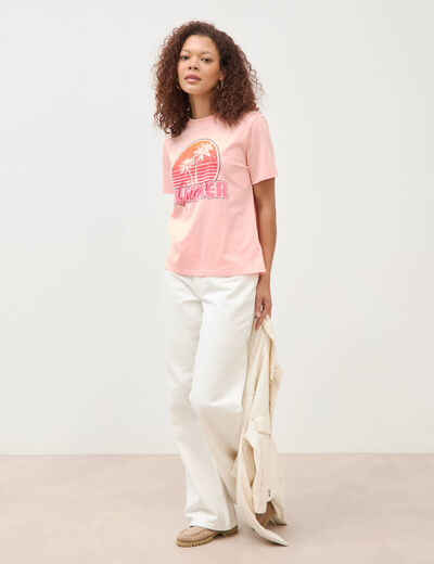T-shirt droit col rond manches courtes rose saumon femme