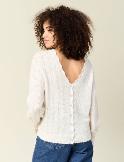 Gilet ajour&eacute; col V manches longues ecru femme