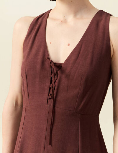 Robe sans manches col V marron femme