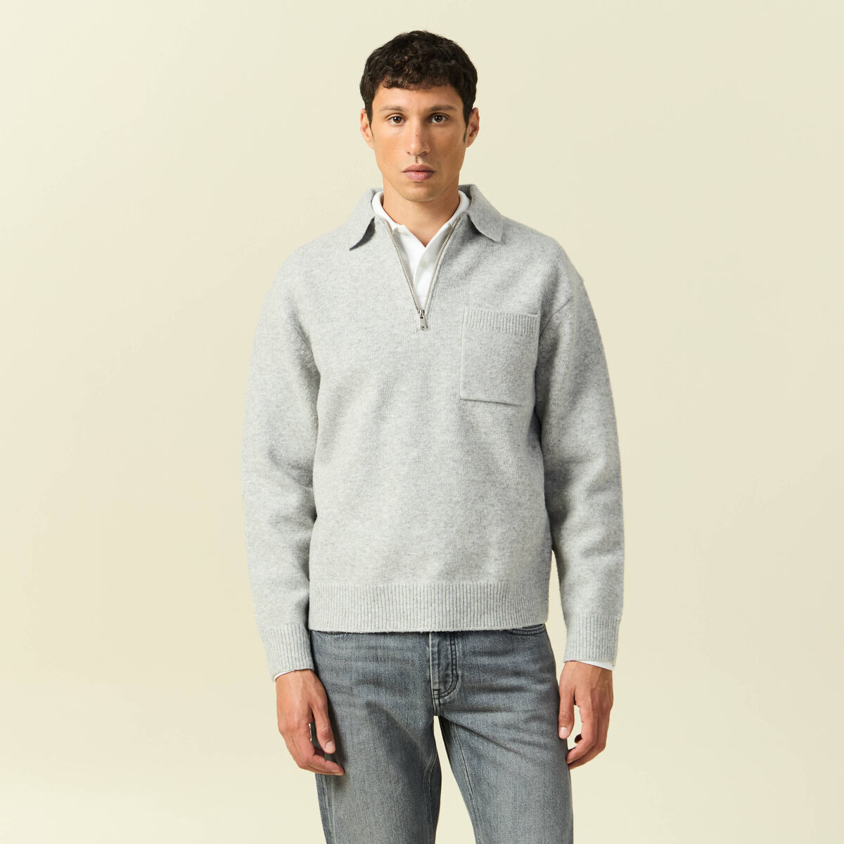 Pull manches longues col polo zipp&eacute; gris homme