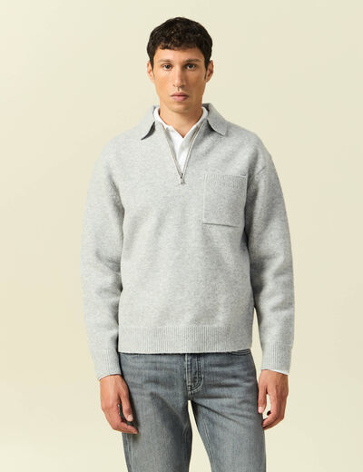 Pull manches longues col polo zipp&eacute; gris homme