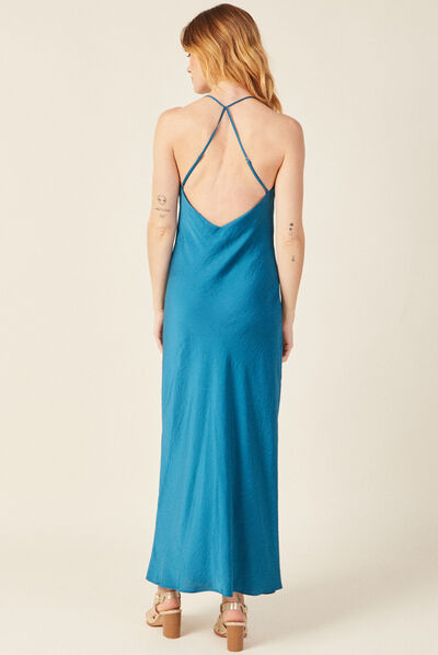 Robe longue droite à bretelles bleu pétrole femme
