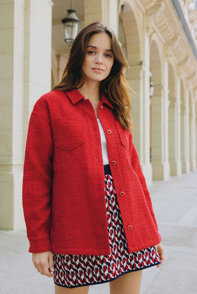Veste surchemise boutonnée rouge foncé femme