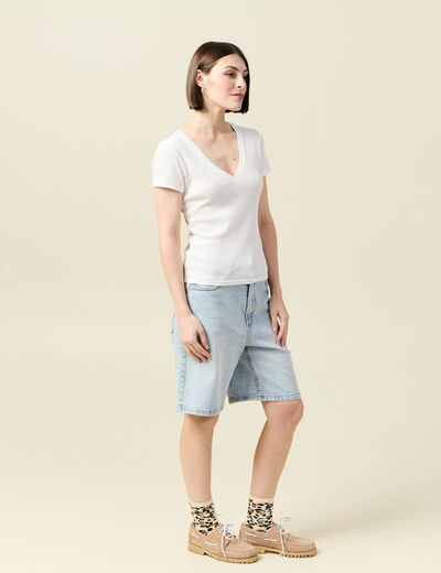 Short ajusté col V manches courtes ecru femme