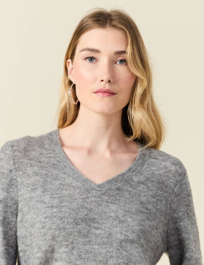 Pull manches longues col en V gris clair femme