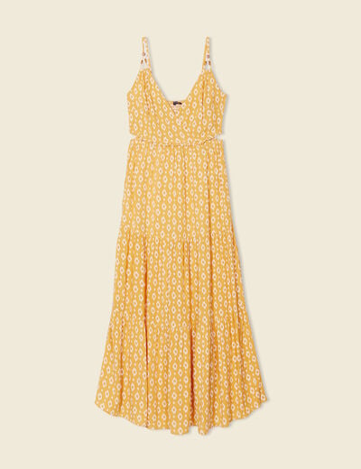 Robe longue évasée à perles jaune femme