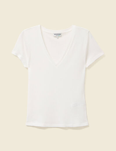 Short ajusté col V manches courtes ecru femme