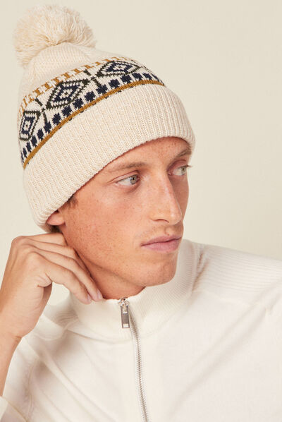 Bonnet à pompon ecru homme