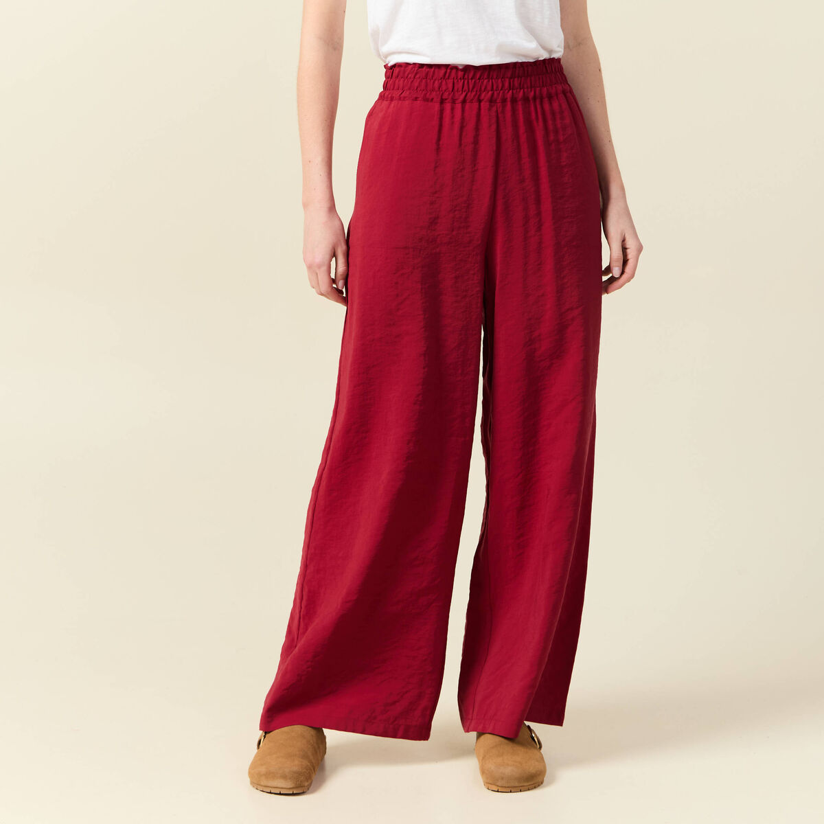 Pantalon large fluide rouge fonc&eacute; femme
