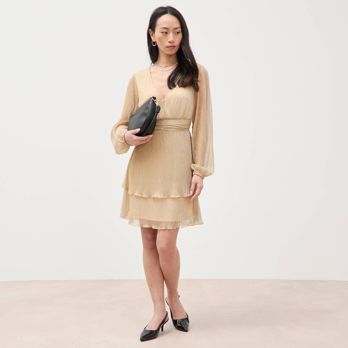 Robe manches longues doubl&eacute;e beige femme