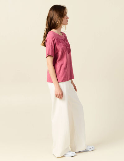T-shirt manches courtes brodé vieux rose femme